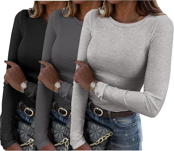 Zeagoo Womens Long Sleeve Stretch Crewneck Ribbed T-Shirt Slim Fit Casual Basic Tops S-XXL | Amazon (US)