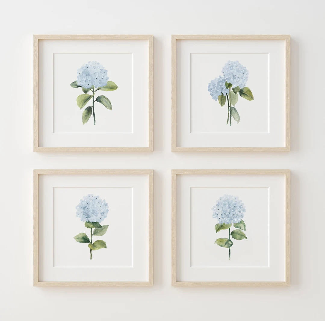 Watercolor Set of 4 Hydrangea Illustrations, Minimalist Botanical Wall Decor, Modern Poster, Hamp... | Etsy (US)