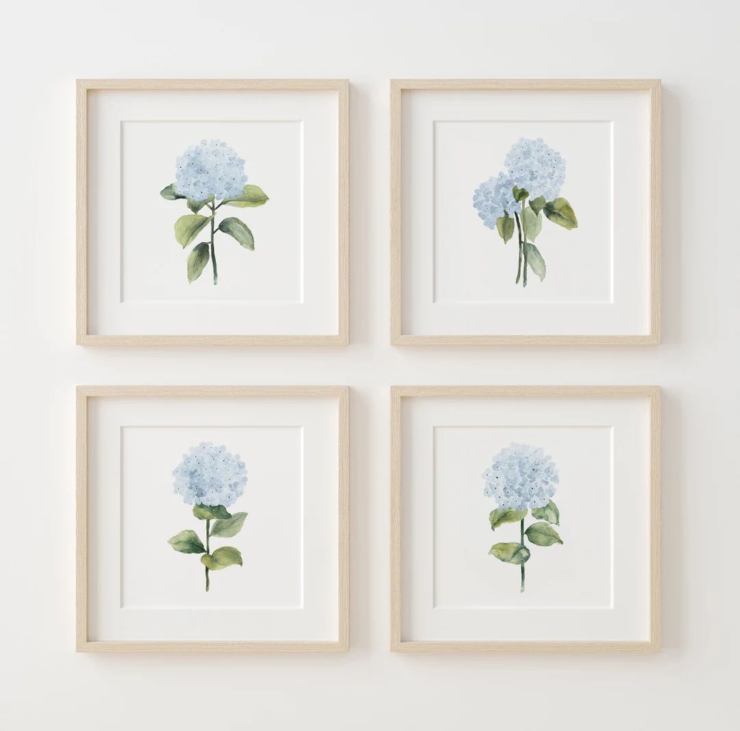 Watercolor Set of 4 Hydrangea Illustrations, Minimalist Botanical Wall Decor, Modern Poster, Hamp... | Etsy (US)