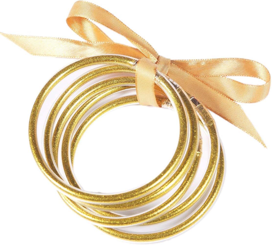 ZeeDix 5 Pack Sparkling Fashion Gold Bangles, Soft Silicone Glitter Filled Jelly Bracelet Idea Gi... | Amazon (US)