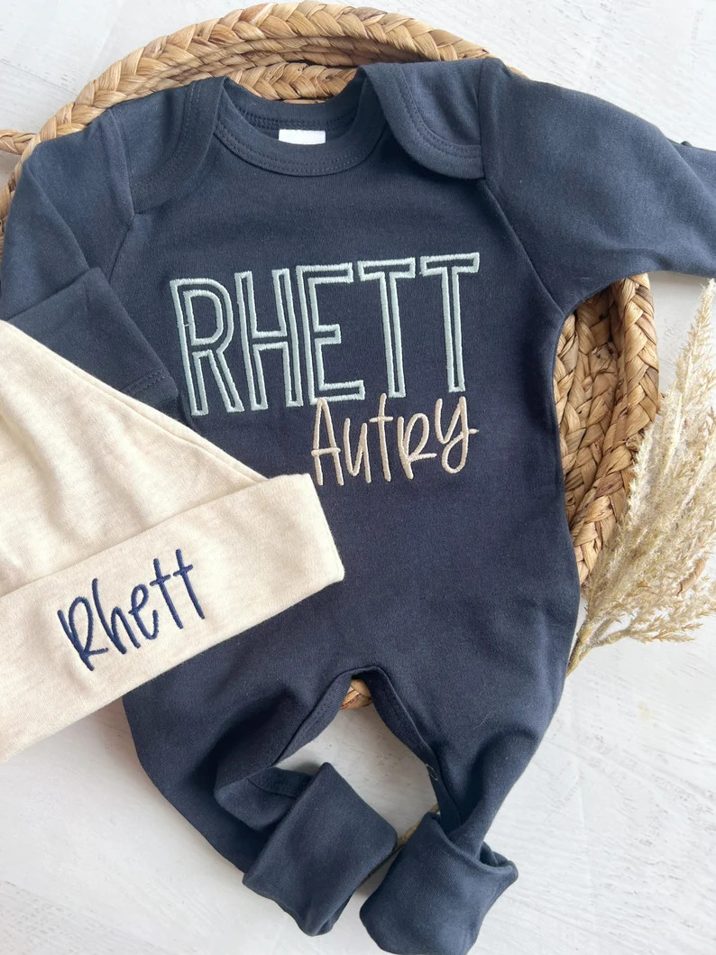 Personalized Navy Blue, and Beige Newborn Outfit, Coming Home Outfit for Baby Boy, Gift for Baby ... | Etsy (US)