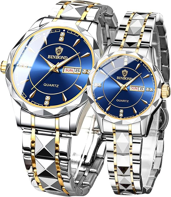 Valentines Couple Pair Watches Men and Women Luminous Calendar Waterproof Gold Silver Stainless S... | Amazon (US)