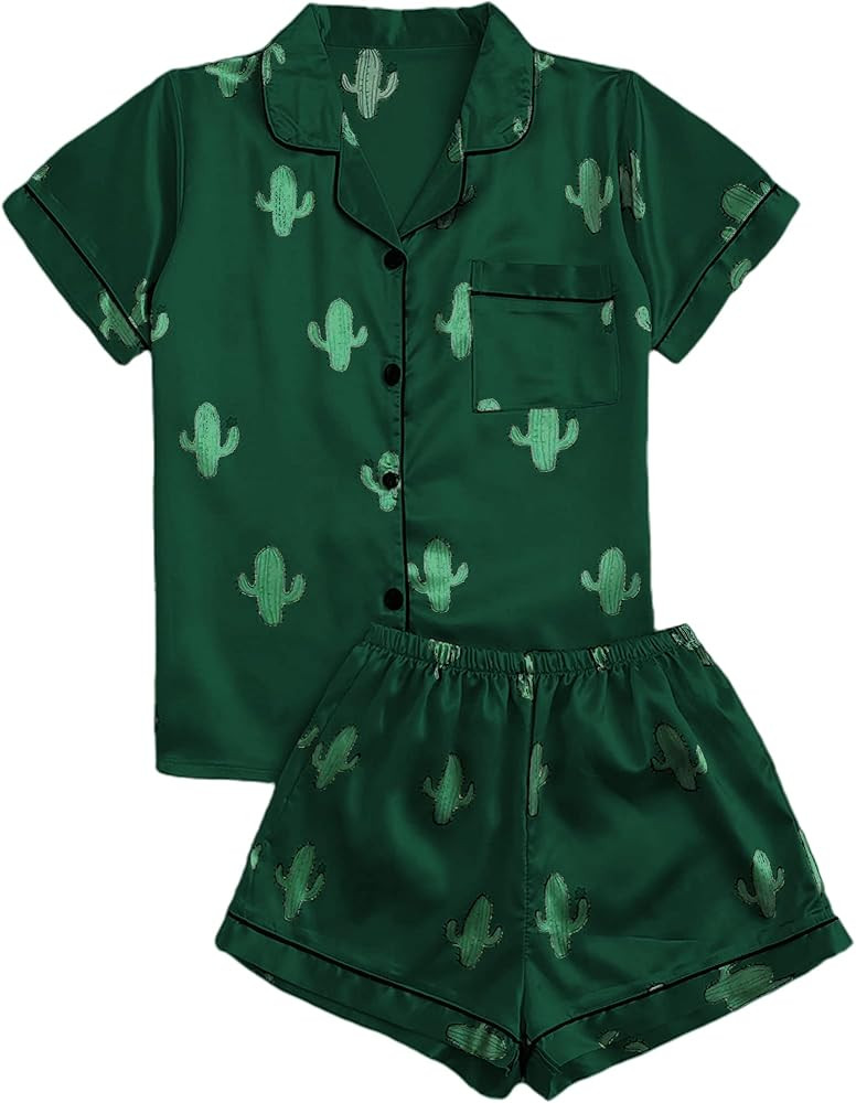 Remidoo Women's Short Sleeve Button Down Satin 2 Piece Pajama Set Sleepwear | Amazon (US)