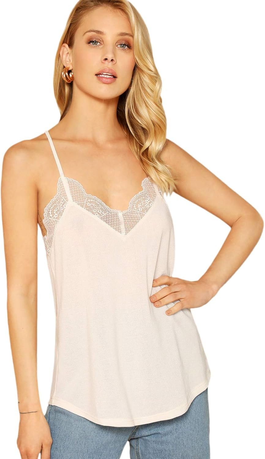 SheIn Women's V Neck Sleeveless Lace Trim Spaghetti Strap Camisole Cami Tank Top | Amazon (US)