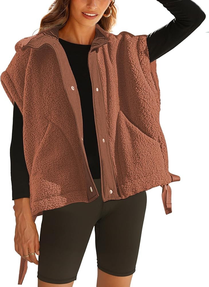 Womens Sherpa Fleece Vest Oversized Sleeveless Jacket Casual Outerwear Gilet with Pockets | Amazon (US)