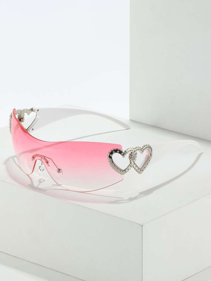 1Pair Y2K Women Heart Decor One-Piece Fashion Sunglasses Pink Glasses For Outdoor Travel Shades B... | SHEIN