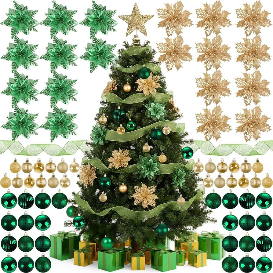 Skylety 104 Pcs Christmas Tree Decorations Set, Green & Gold Christmas Hanging Ornament Ball Tree... | Amazon (US)