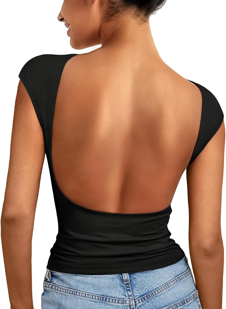 EFAN Backless Tops Open Back Shirts Summer Crop Shirts Short Sleeve | Amazon (US)