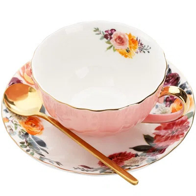 Set Of 2 Tea Cup And Saucers, 8 Oz Floral Tea Cups With Gold Trim And Spoon, Porcelain British Coffee Cups, Cappuccino Espresso Latte Cup Mugs For Par | Wayfair North America
