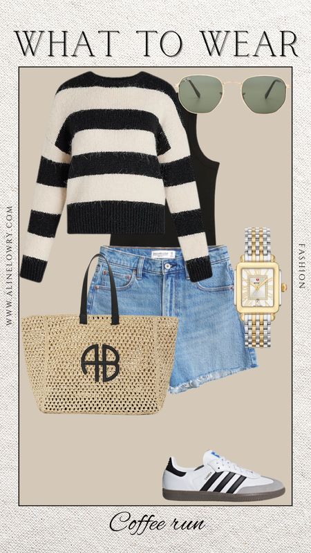 What to wear - coffee run. Casual spring outfit idea. Jean shorts, striped sweater, black tank top, straw bag, spring sandals. 

#LTKSeasonal #LTKU #LTKstyletip