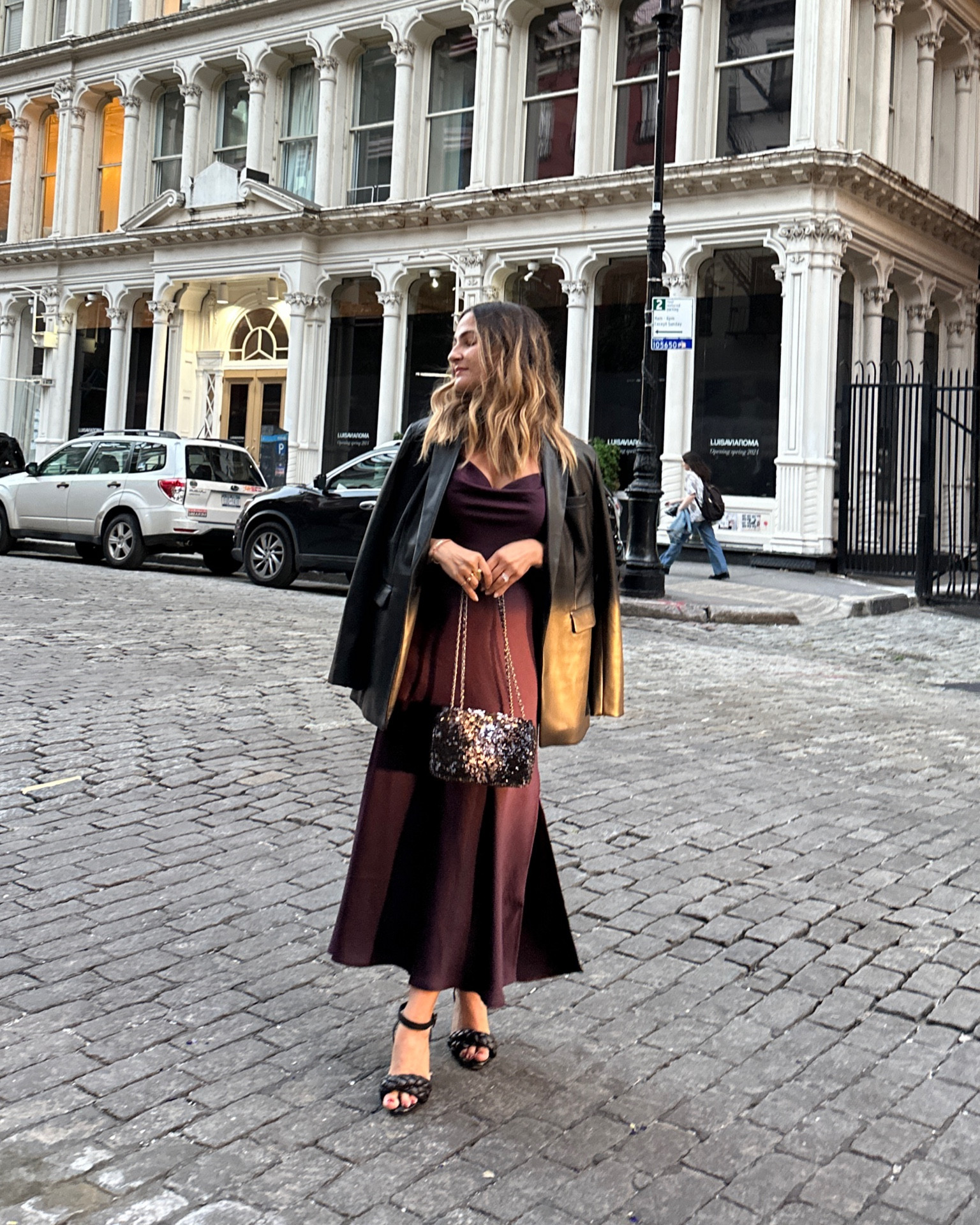 What I wore to the loft party!

Purple slip dress and leather blazer 