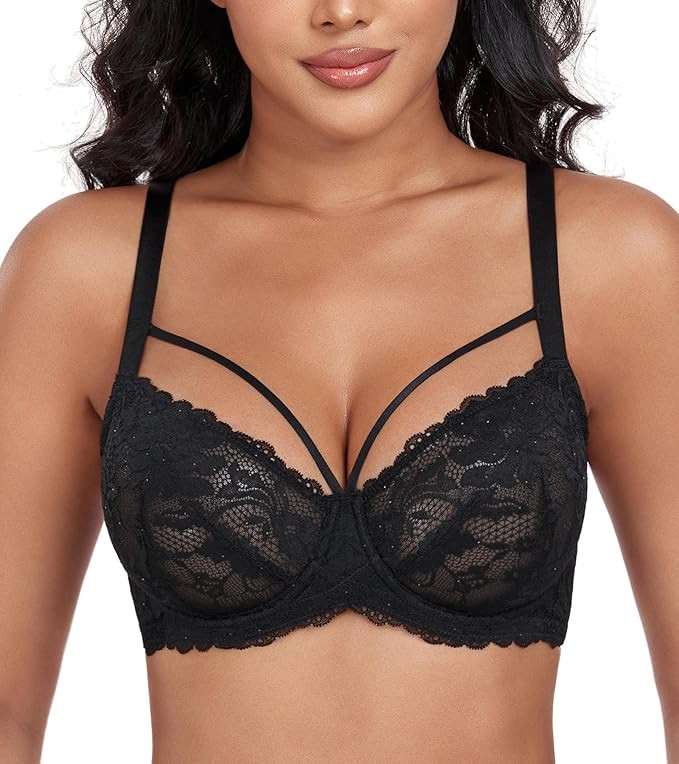 DotVol Women's Plus Size See Through Sexy Lace Bra with Strappy Underwire Everyday Bra | Amazon (US)