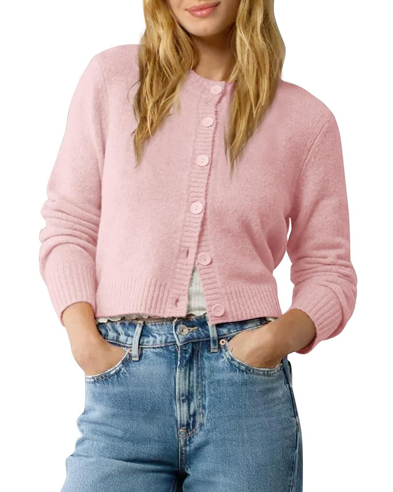 Urban CoCo Women's Crew Neck Cropped Cardigan Sweaters Long Sleeve Open Front Button Down Shrug S... | Amazon (US)