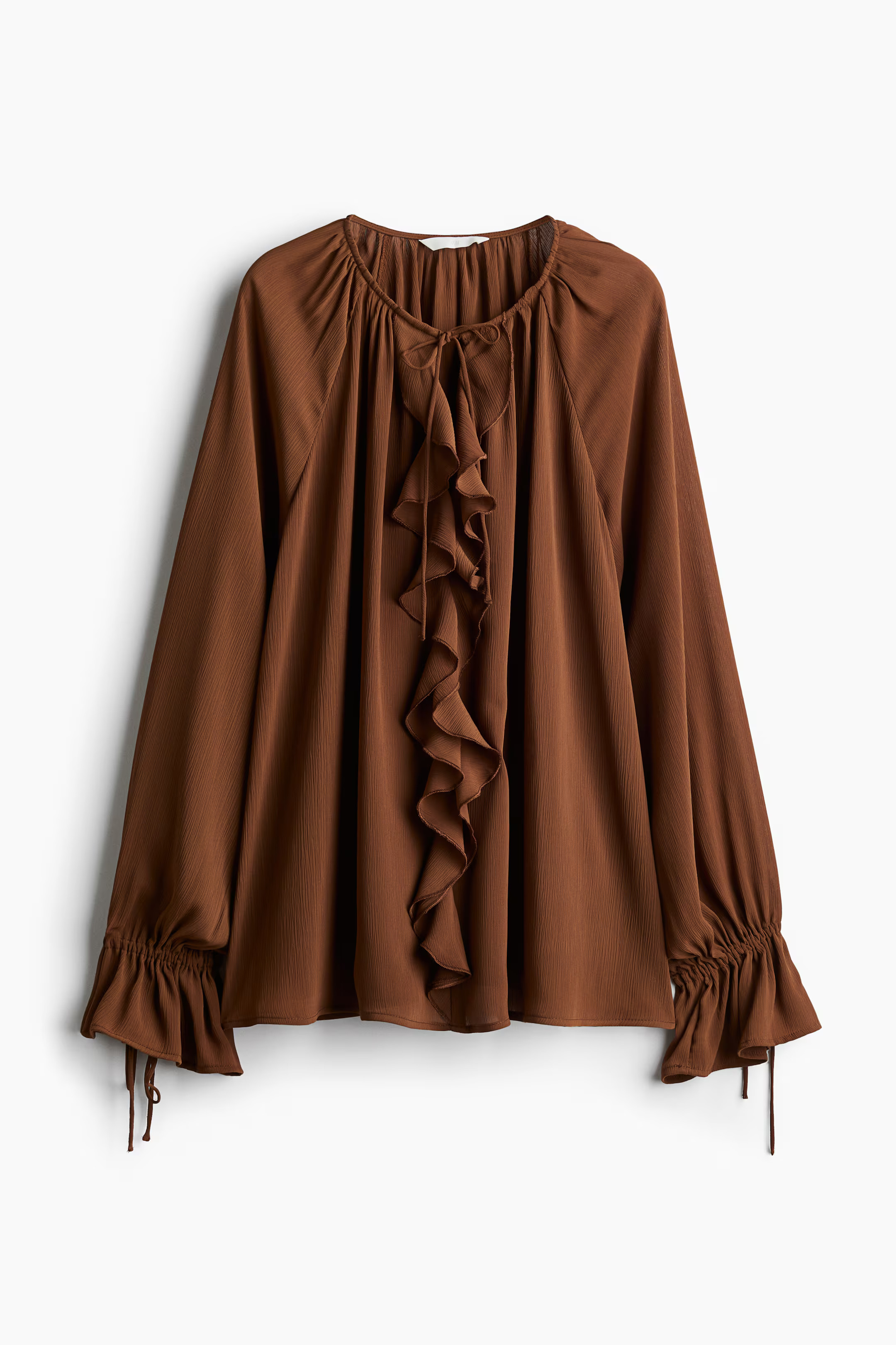 Frilled blouse - Round neck - Long sleeve - Brown - Ladies | H&M GB | H&M (UK, MY, IN, SG, PH, TW, HK)