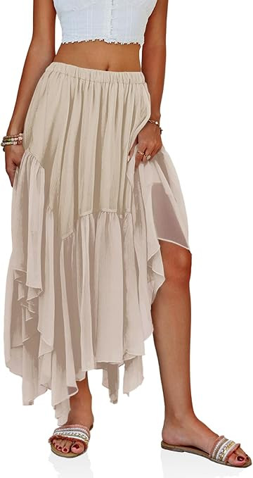 Fisoew Womens Summer Boho Maxi Skirt Casual Asymmetric Flowy Long Skirt | Ruffle Skirt,High-Low H... | Amazon (US)