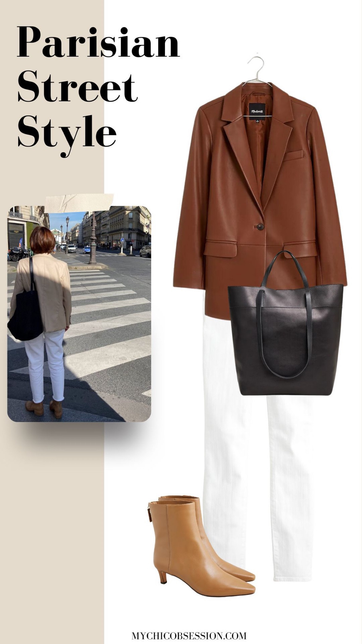 Leather luxe is the base of this Parisian street style look. Pair a leather blazer and ankle boots with a black tote with white pants for this fall fit.

#LTKstyletip #LTKSeasonal