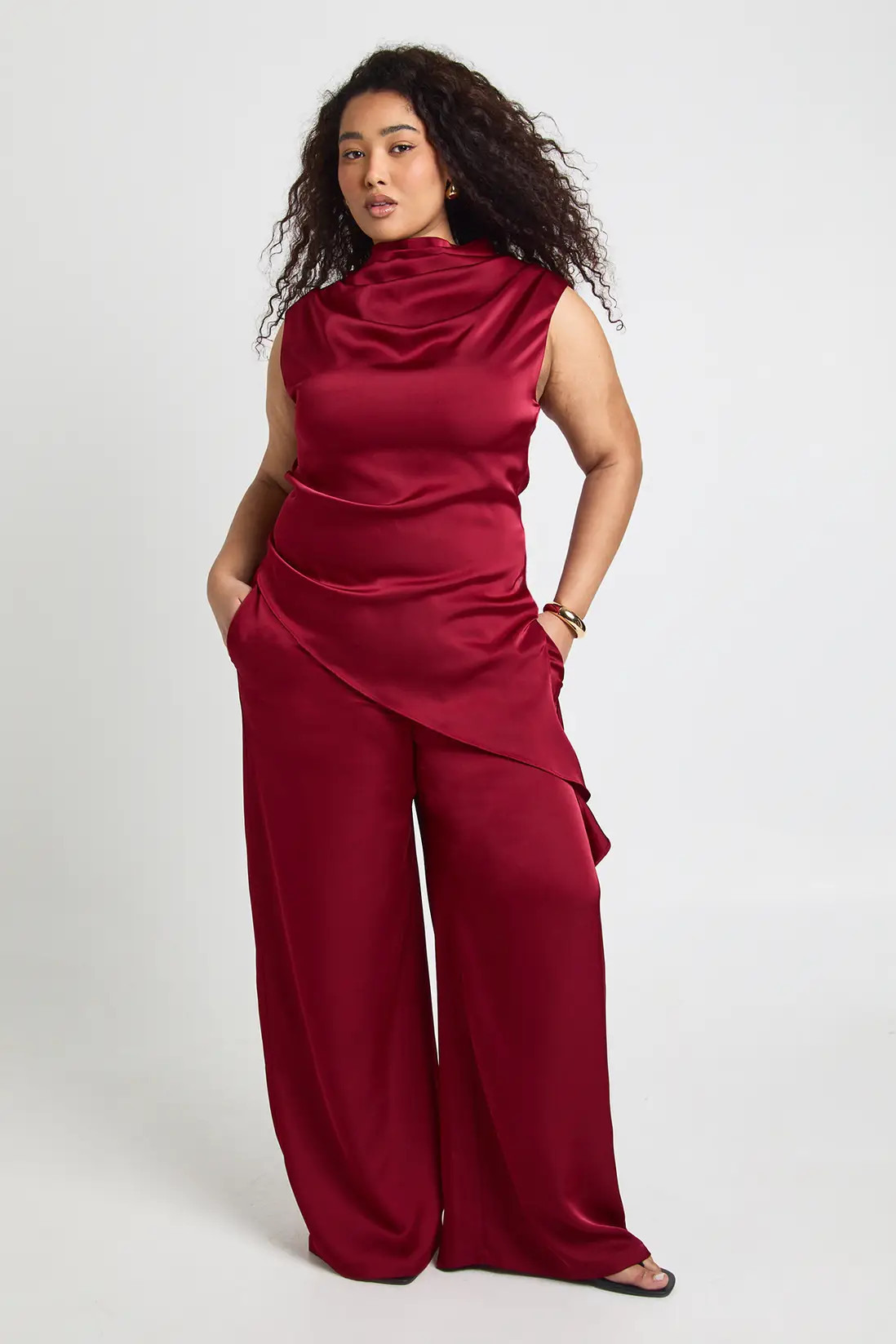 Wine Plus Satin High Cowl Asym Hem Top | Boohoo USA | boohoo (US & Canada)