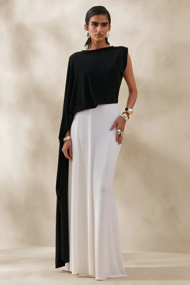 Carenza  Black & White Wide-Neck Maxi Dress With Cape-Sleeve | Club L London