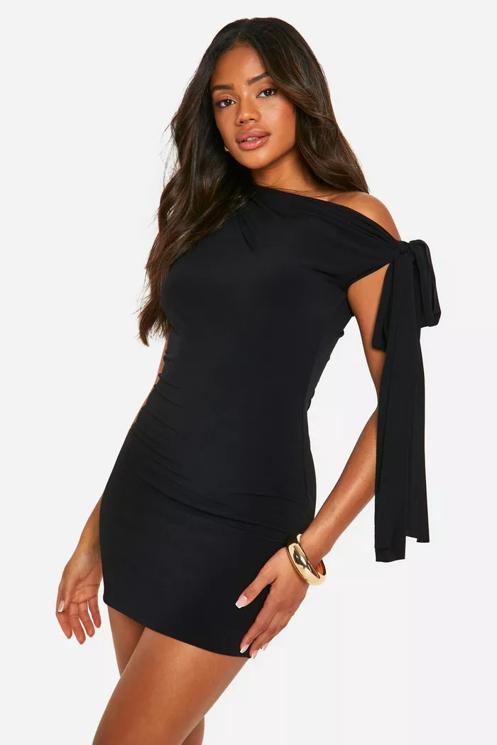 Ruched Slinky Off The Shoulder Mini Dress | boohoo (US & Canada)
