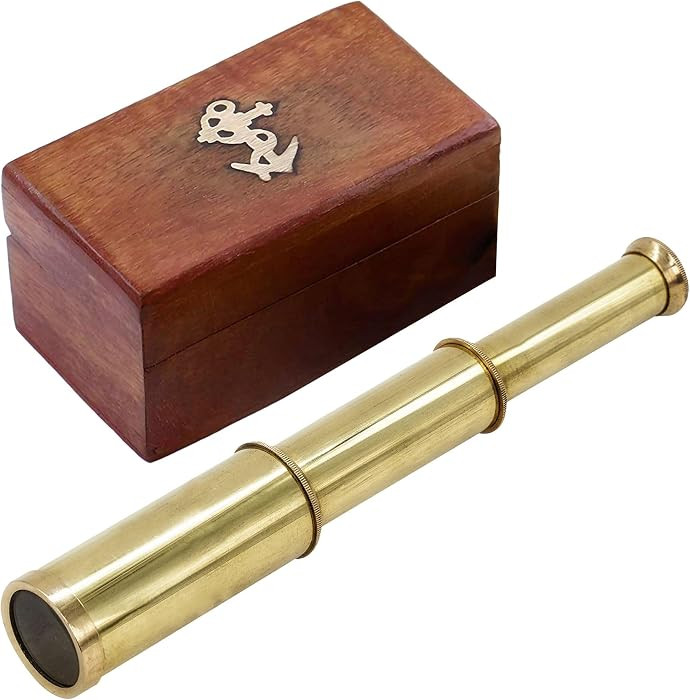 Brass Telescope 9" Pirate Spyglass with Wooden Box Nautical Gift Maritime Monocular Decorative Te... | Amazon (US)