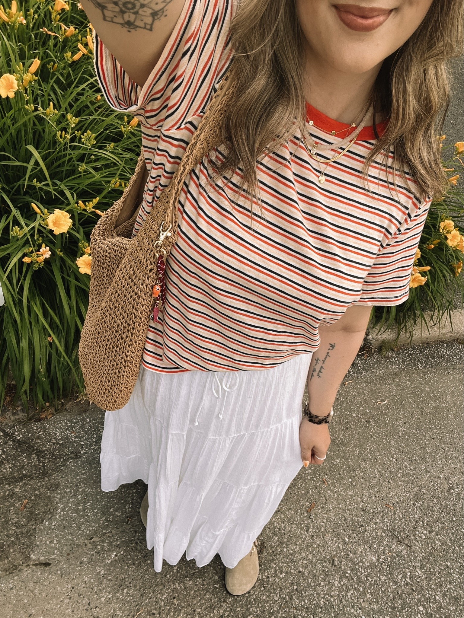 Casual summer outfit! Sized up to XL in the striped tee for a looser fit. White maxi skirt is old from aerie, linked a bunch of similar options! I’m a 9.5-10 shoe and wear a 40 in the Birkenstock clogs

#LTKsummer #LTKmidsize #LTKstyletip