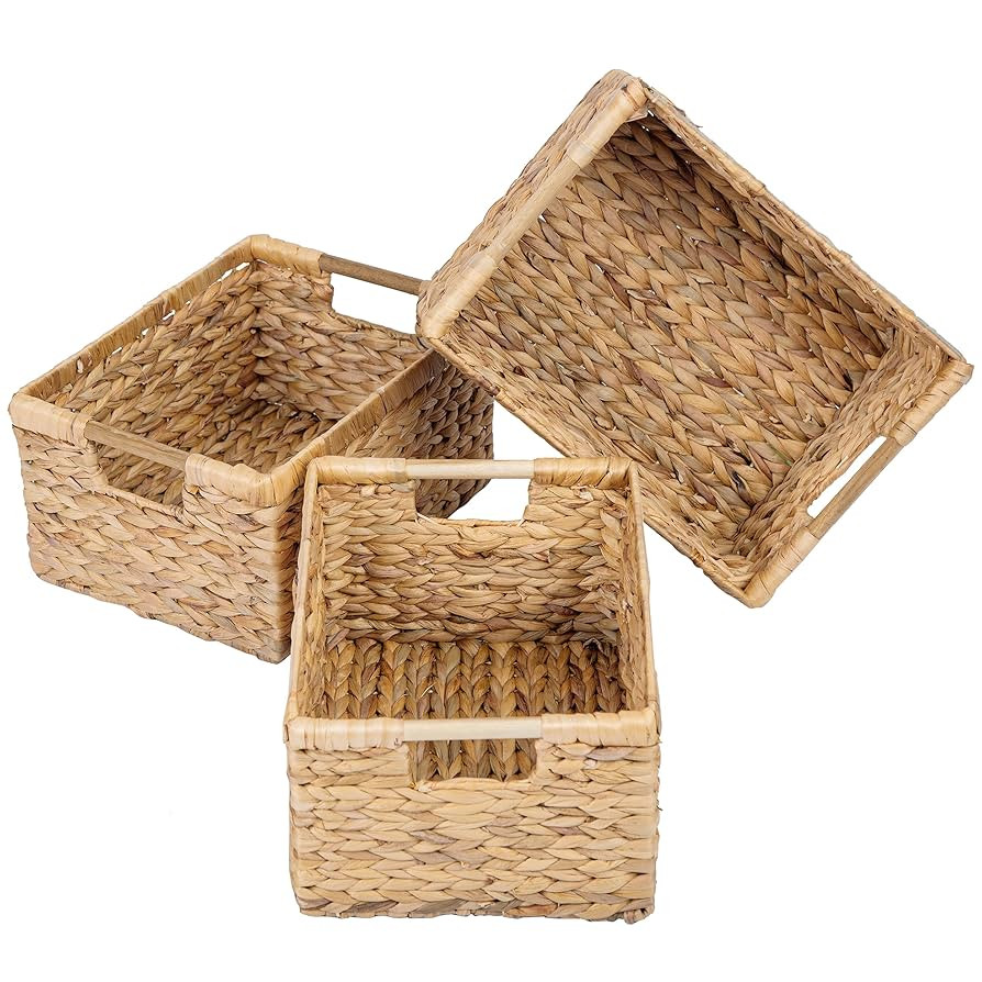 Large Wicker Basket Rectangular with Wooden Handles for Shelves, Water Hyacinth Basket Storage, N... | Amazon (US)
