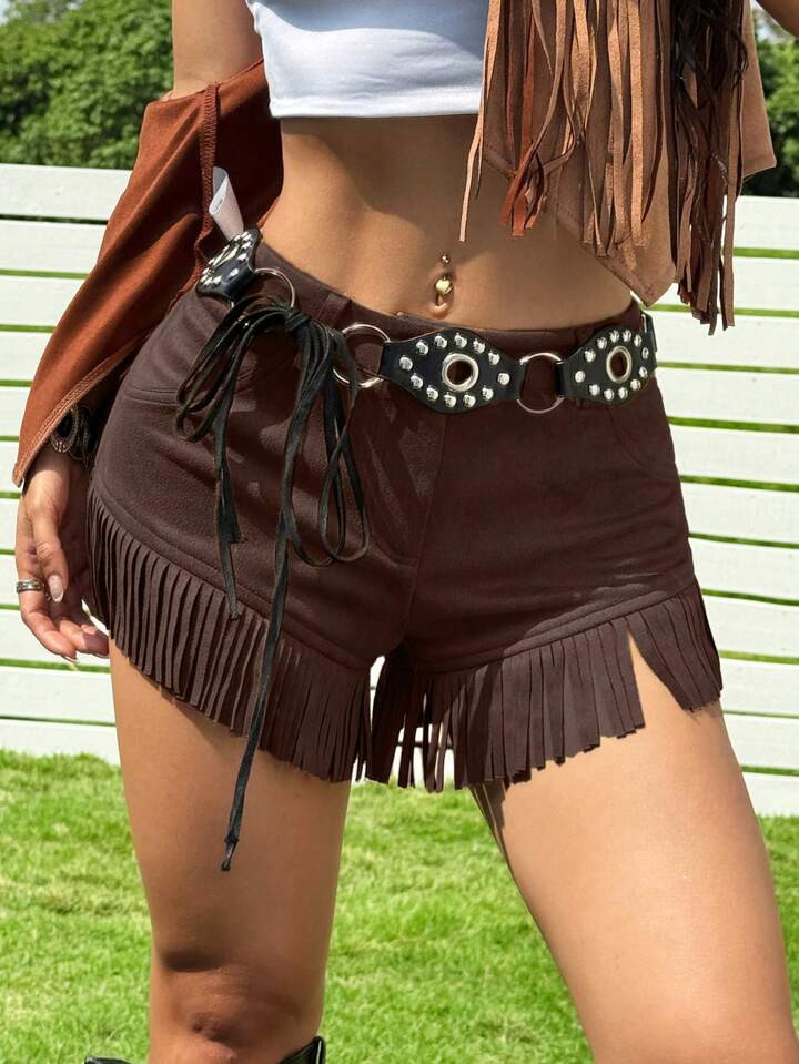 SHEIN EZwear Women Summer Casual Vacation Shorts With Fringe Decor,Bohemian Clothes | SHEIN
