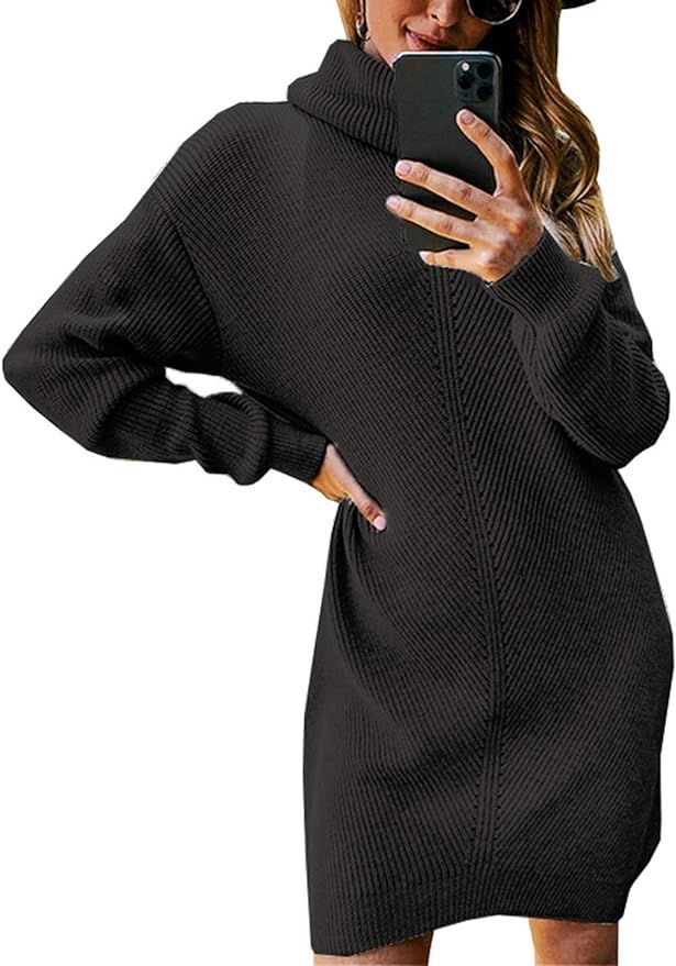 Miessial Women's Thick Cable Knit Turtleneck Sweater Midi Dress Winter Elasticity Long Pullover S... | Amazon (US)