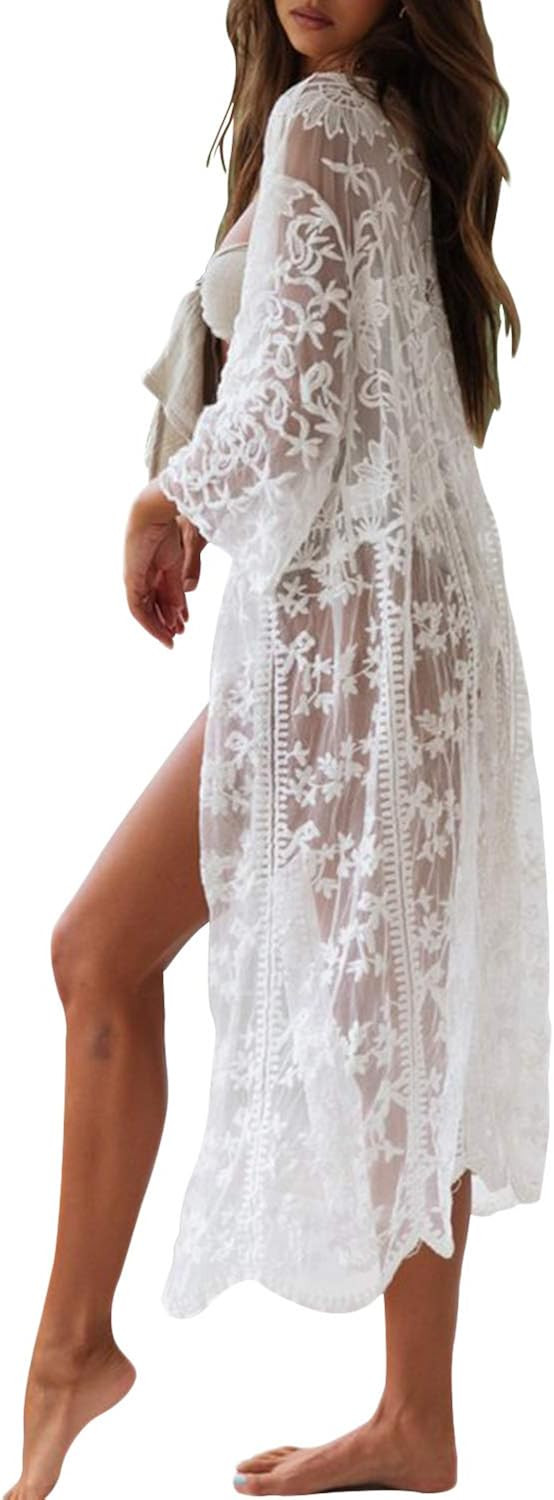 Womens Boho Lace Floral Beach Coverup Front Open Sheer Swimsuit Kimono Cardigans Crochet Top Blou... | Amazon (US)