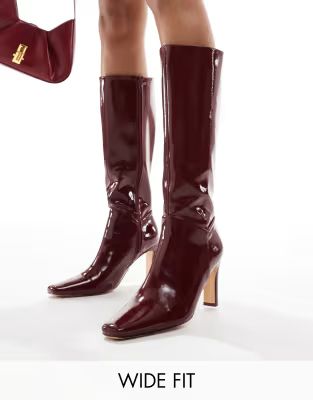 Public Desire Pose Wide Fit heeled knee boots in wine patent | ASOS (Global)