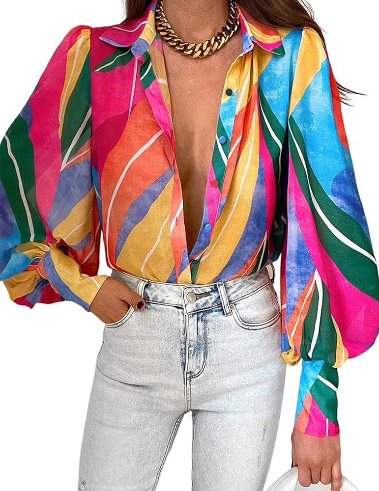 IN'VOLAND Womens Plus Size Button Down Shirts Print Long Sleeve Blouses Boho Floral Shirts Hawaii... | Amazon (US)