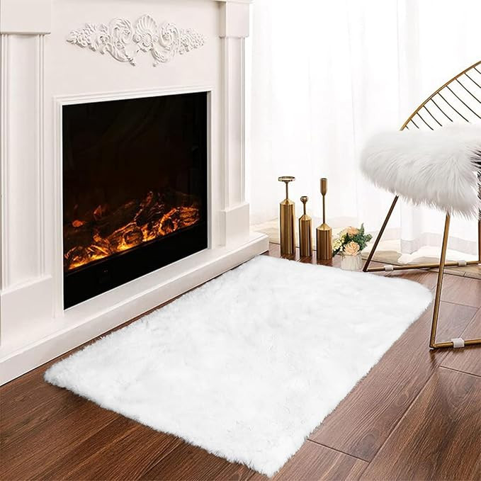 Latepis White Throw Rug - 2x3 Small Furry Faux Rabbit Fur Soft Washable Shag Bedside Fluffy Rug f... | Amazon (US)