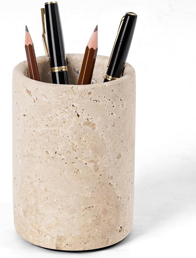 Radicaln Marble Pen Holder For Desk 4" Inches Travertine Handmade Desk Organizer, Ideal Pencil Ho... | Amazon (US)