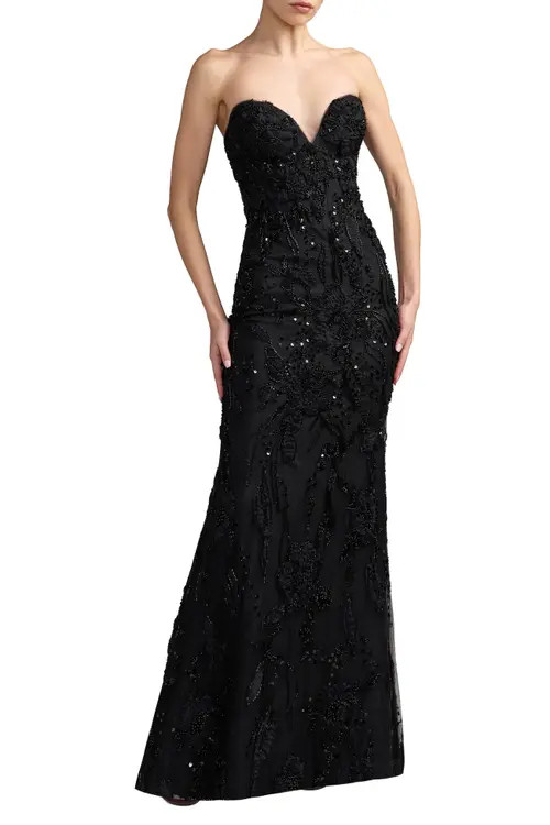 Mac Duggal Floral Beaded Mesh Strapless Column Gown in Black at Nordstrom, Size 4 | Nordstrom