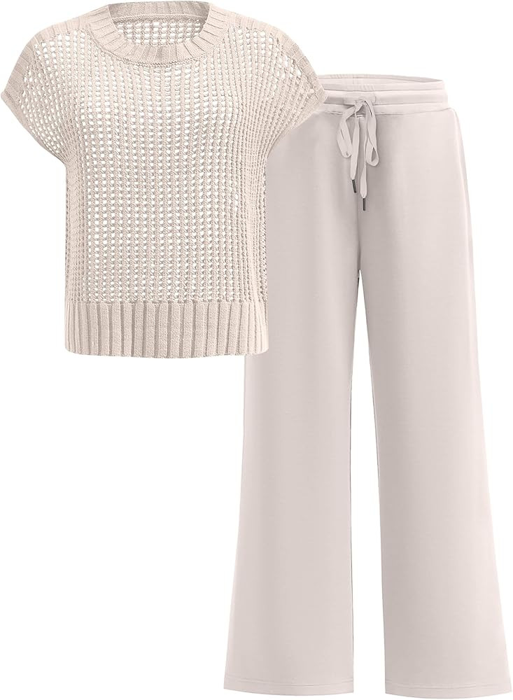 ANRABESS Women Two Piece Outfits Crochet Sheer Knit Sweater Top Wide Leg Pants Lounge Matching Se... | Amazon (US)