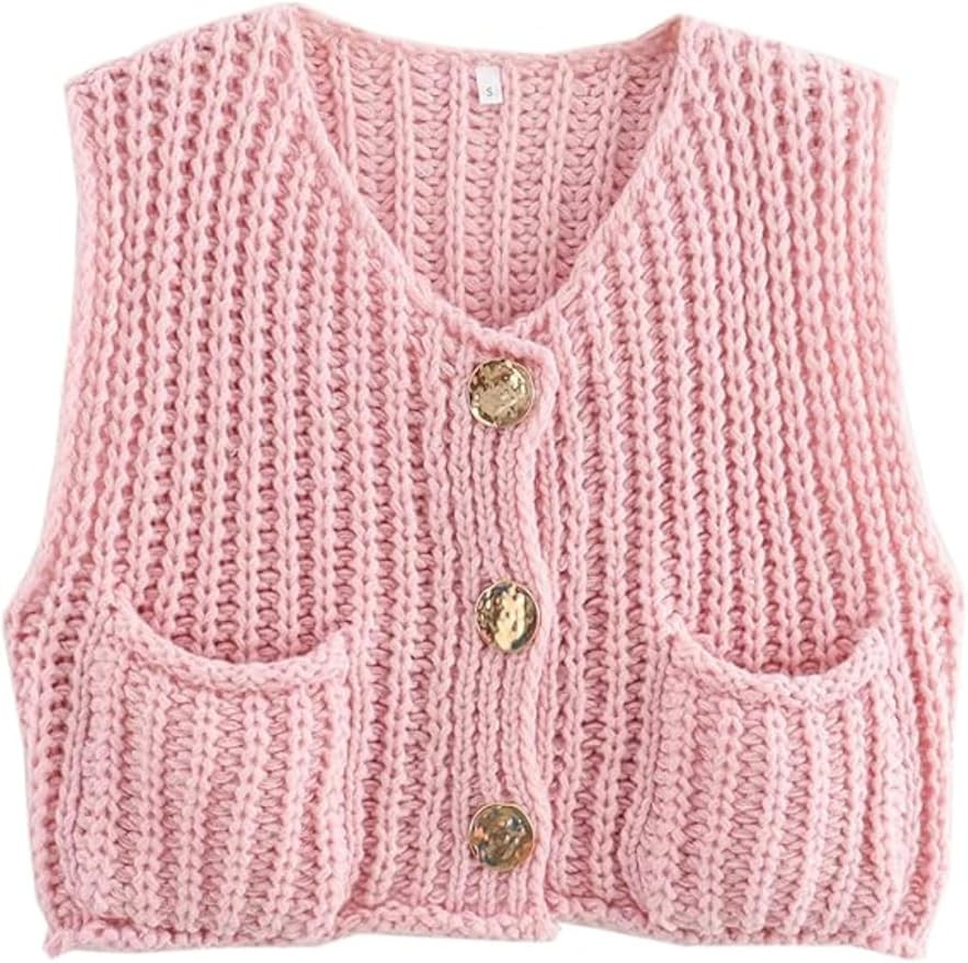 Women's Chunky Knit Vest Button Down Casual Sleeveless Cropped Crochet Sweater Cardigan with Pock... | Amazon (US)