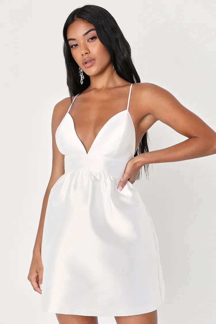 Whimsical Passion White Taffeta V-Neck Skater Mini Dress | Lulus