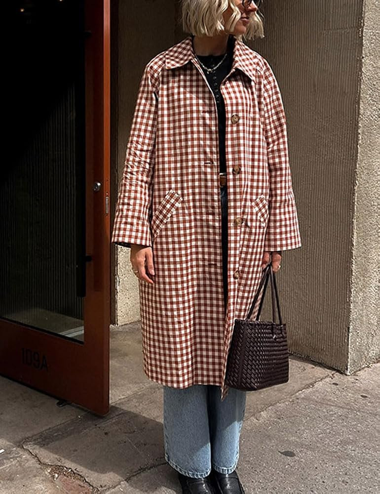 chouyatou Women's 2025 Fall Plaid Long Trench Coat Single Breasted Casual Barn Jacket Outerwear O... | Amazon (US)