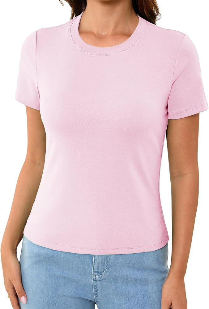 Abardsion Cotton Basic Tees for Women Spring Outfits Tops 2026 Short Sleeve Crewneck Slim Fit T S... | Amazon (US)