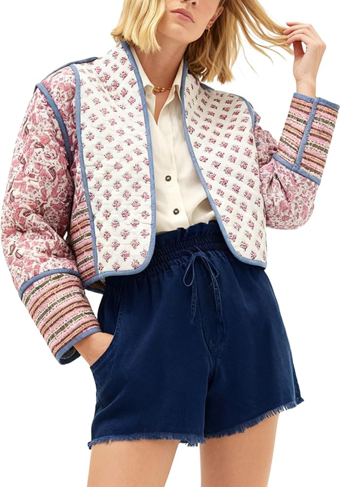 Arssm Women Floral Quilted Puffer Jacket Cropped Lightweight Patchwork Vintage Padded Short Coat ... | Amazon (US)