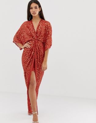 ASOS DESIGN scatter sequin knot front kimono maxi dress | ASOS US