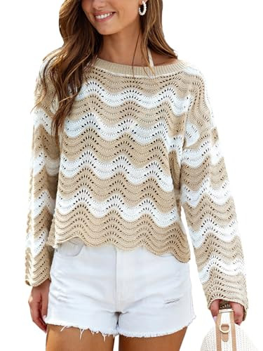CUPSHE Women's Crochet Cover Up Long Sleeve Striped Beach Cover Up Top Summer Casual Knit Tops for Swimwear(Top Only) Neutral Stripes, XL | Amazon (US)