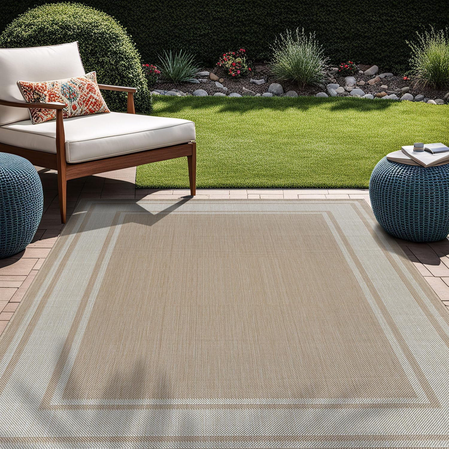 Beverly Rug Floral Bordered Washable Outdoor Indoor Area Rugs 6x9 Beige | Walmart (US)