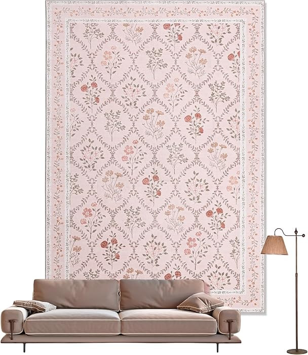 YIHOUSE 5x7 Washable Rug for Bedroom, Pink Floral Rugs for Living Room Non Slip Ultra-Thin Large ... | Amazon (US)