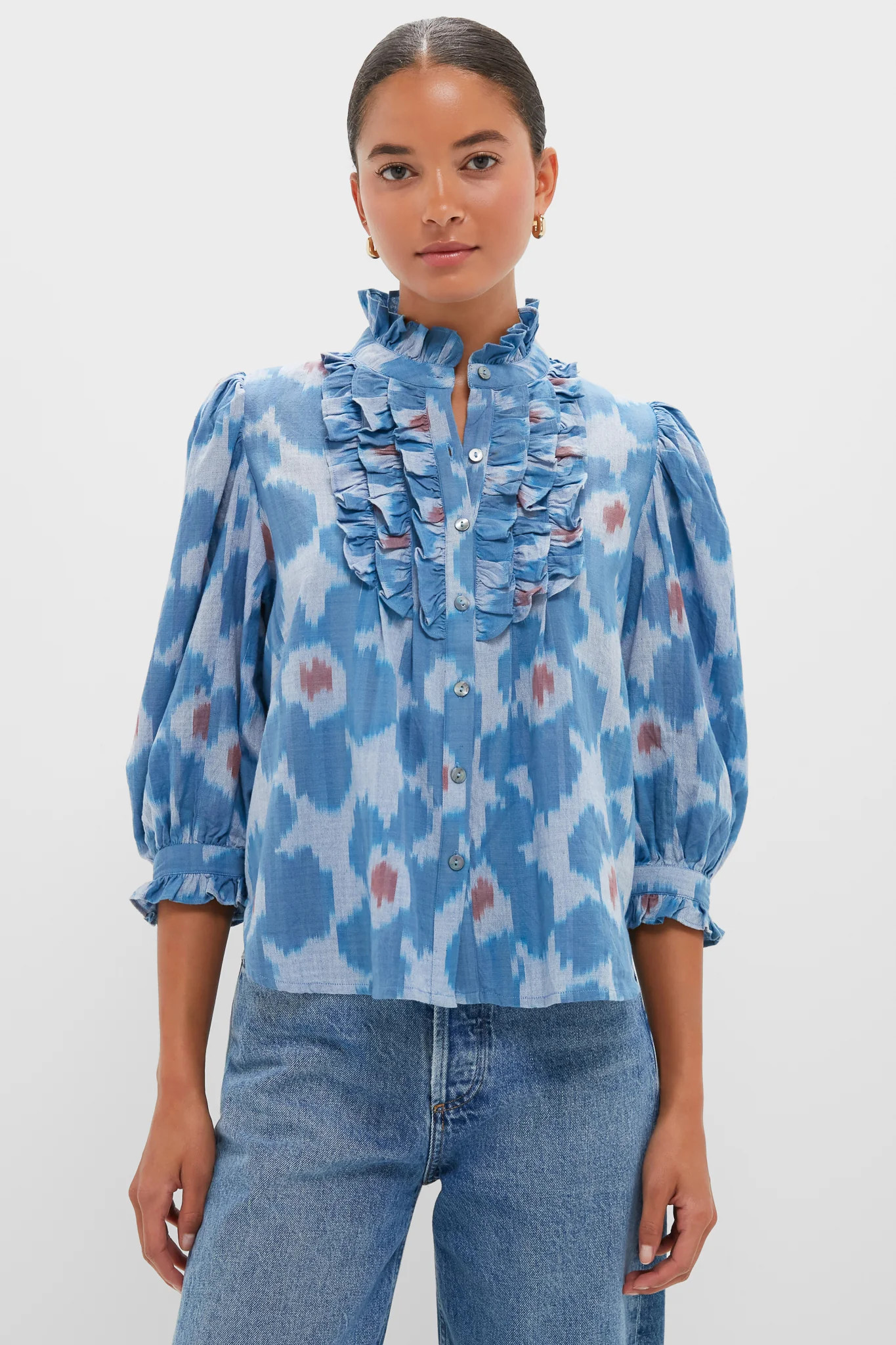 Jinja Blue Ruffle Front Button Blouse | Tuckernuck (US)