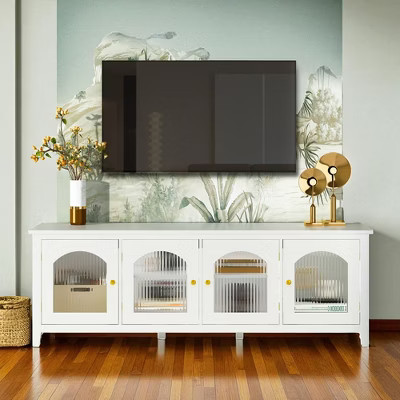 71 Inch Antique TV Stand with Glass Doors, Solid Wood Frame, Metal Handles, Storage Cabinets, Entertainment Console Cabinet for Living Room | Target