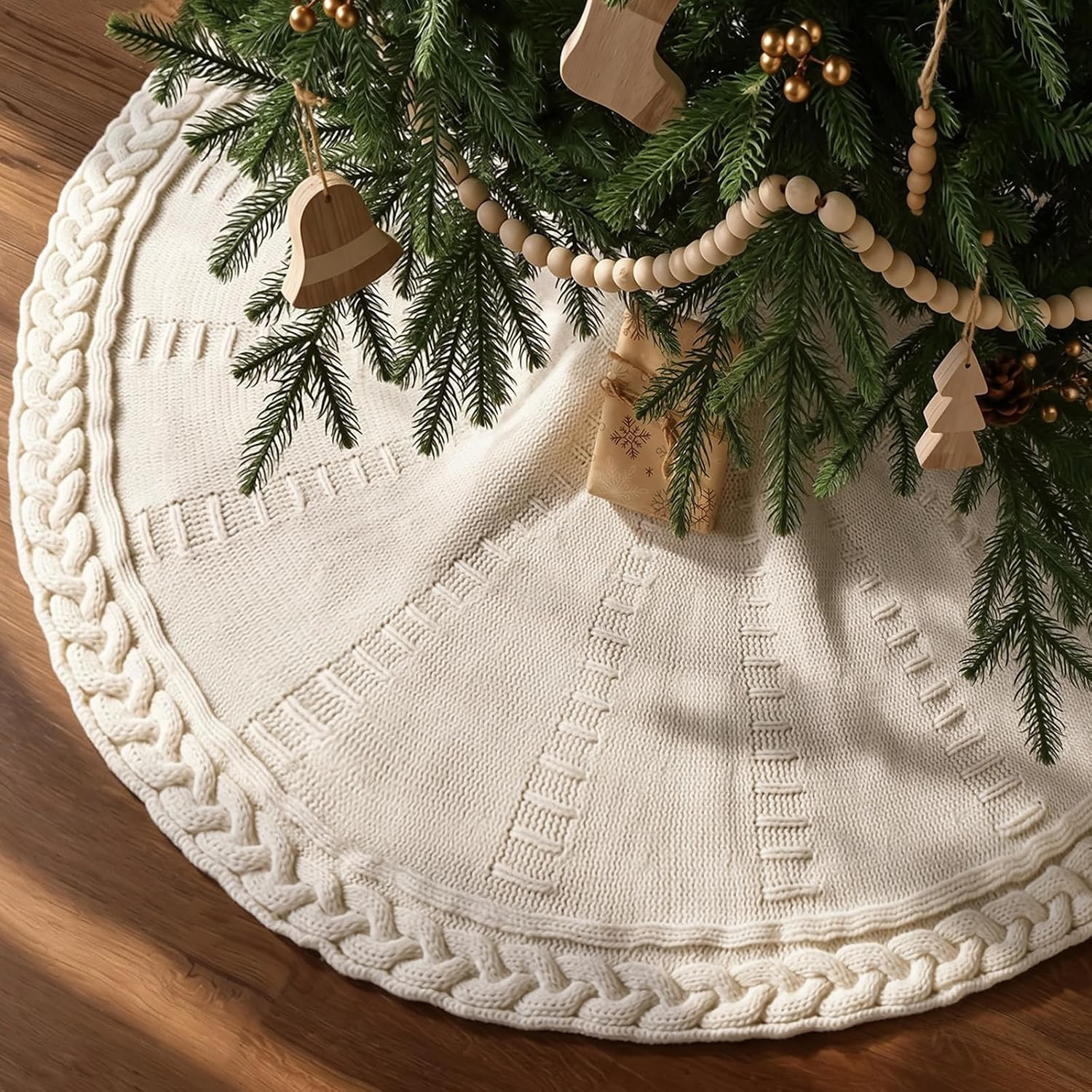 48 Inch Christmas Tree Skirt: Braided Cable Knit Tree Skirt for 7.5FT Tree, Cream White Tree Skirt, Vintage Tree Skirts, Rustic Farmhouse Christmas Decorations | Amazon (US)