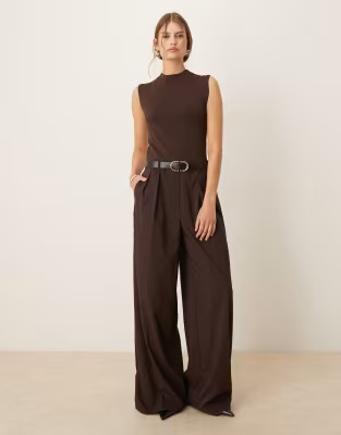 Mango 2 in 1 high neck sleeveless tailored jumpsuit in brown | ASOS (Global)