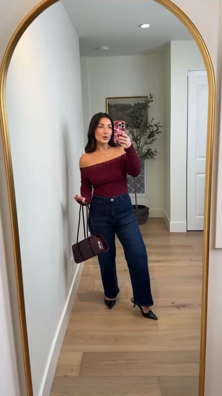 Fall OOTD! There’s nothing like this color combo of burgundy and navy or dark wash denim for the season! 

Lace off shoulder top in size small
 Jeans with cute patch pockets size 27 short in midnight blue 

5’0” 135lbs

#LTKootd #LTKPetite #LTKSeasonal