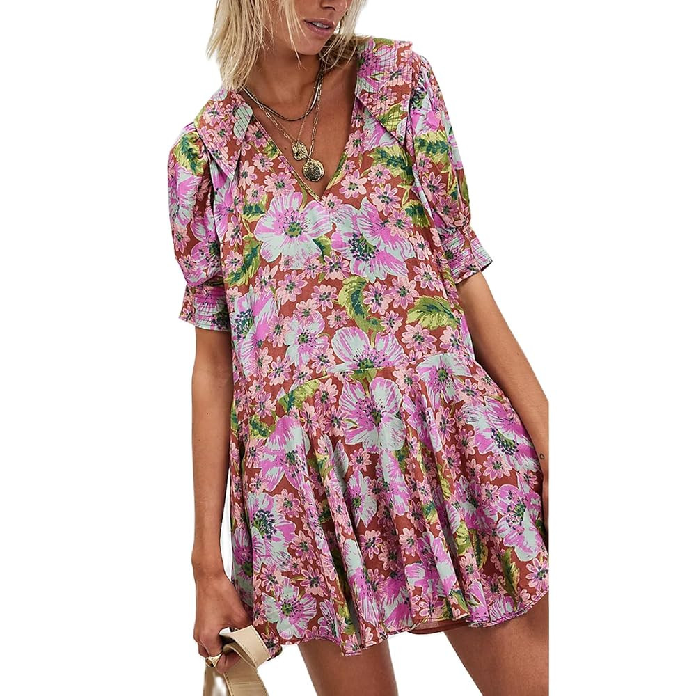 Women Boho Floral Puff Short Sleeve Smocked Ruffle Mini Dress Y2k Square Neck Backless Flowy Baby... | Amazon (US)